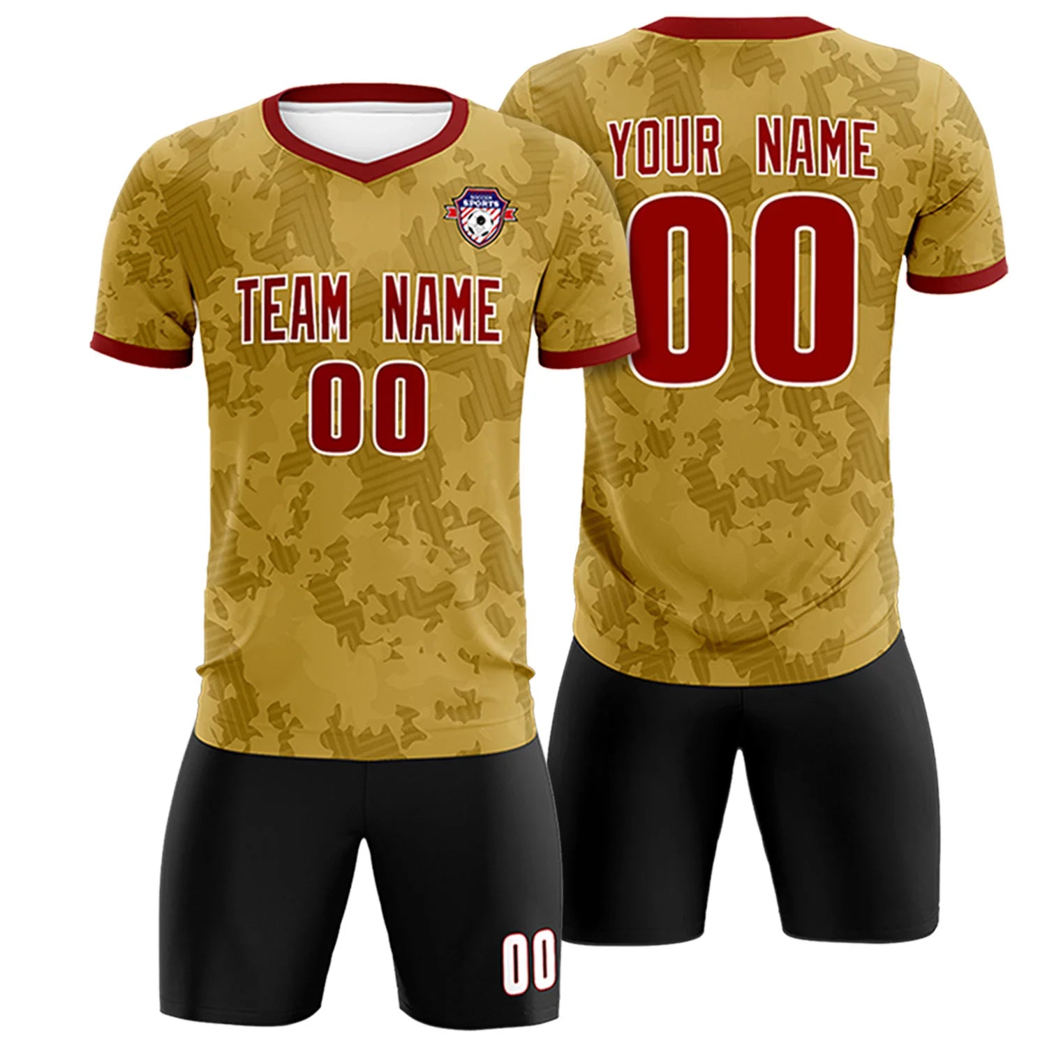 Custom Old Gold-Black Printing Outdoor Breathable Soccer Sets Jersey