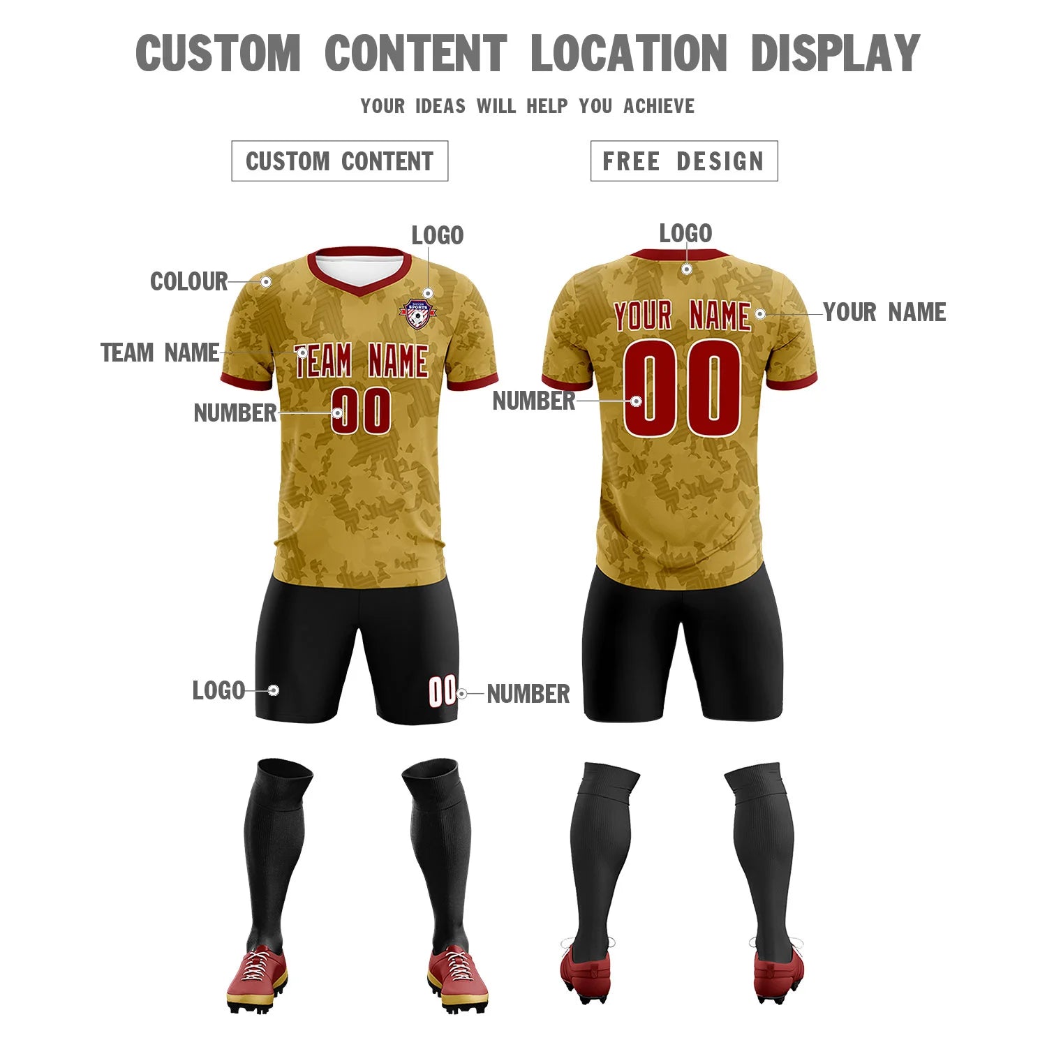 Custom Old Gold-Black Printing Outdoor Breathable Soccer Sets Jersey