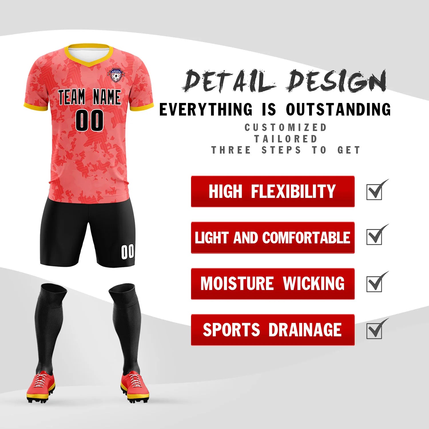 Custom Red-Black Printing Outdoor Breathable Soccer Sets Jersey