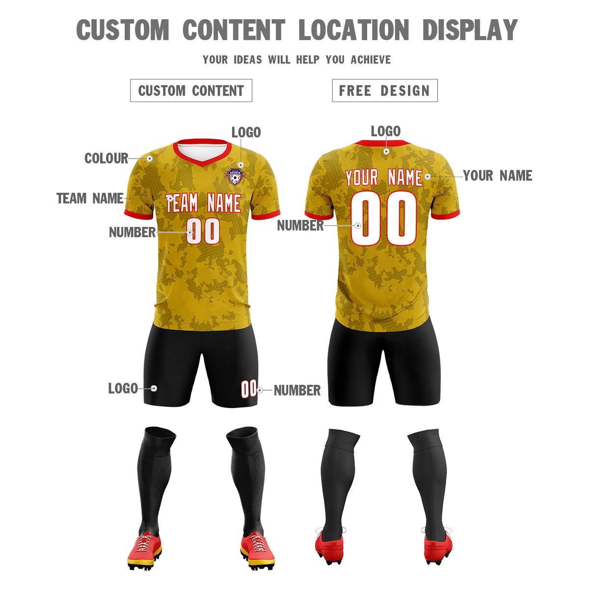 Custom Old Gold-Black Printing Outdoor Breathable Soccer Sets Jersey