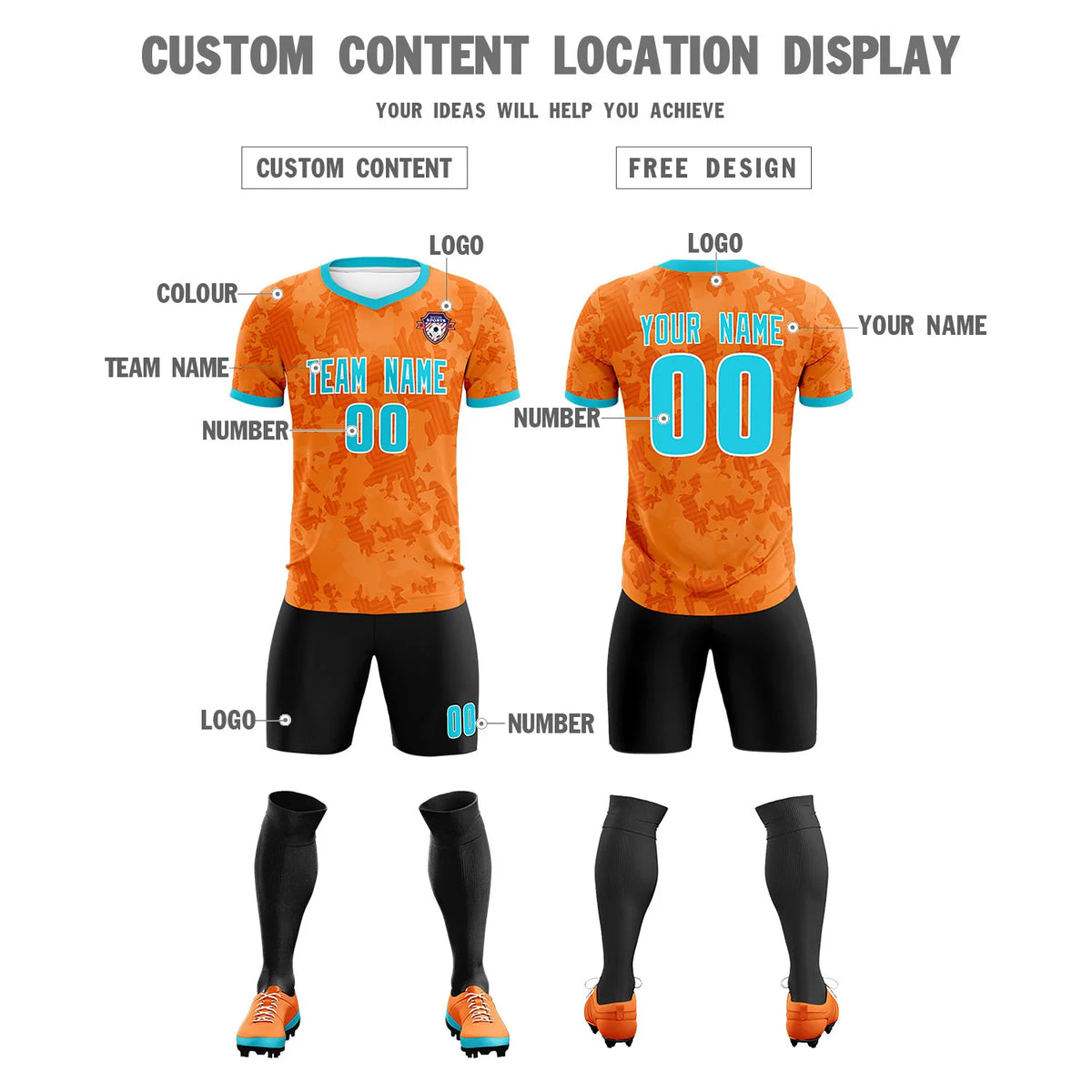 Custom Orange-Black Printing Outdoor Breathable Soccer Sets Jersey
