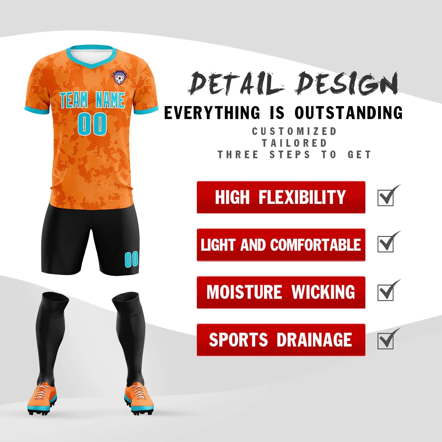 Custom Orange-Black Printing Outdoor Breathable Soccer Sets Jersey