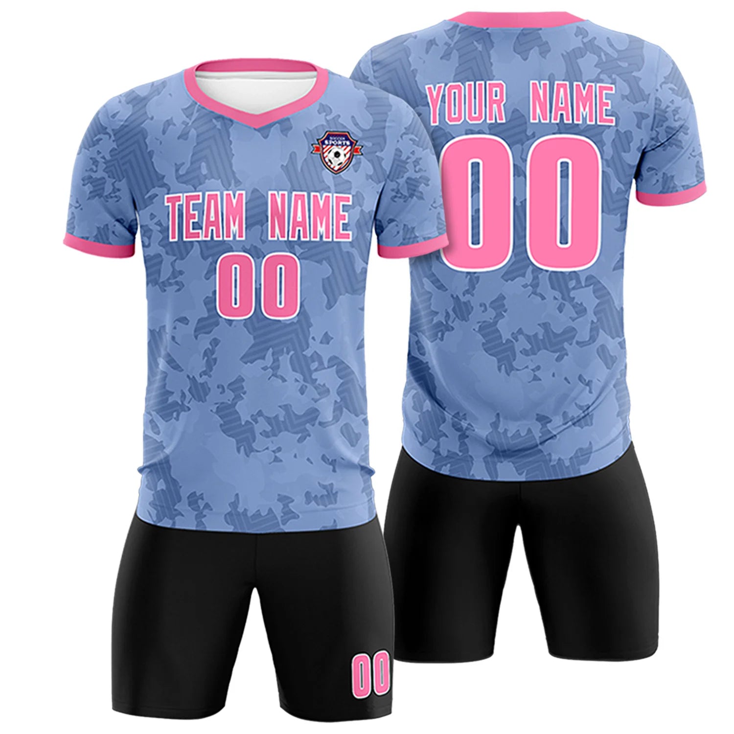 Custom Light Blue-Black Printing Outdoor Breathable Soccer Sets Jersey