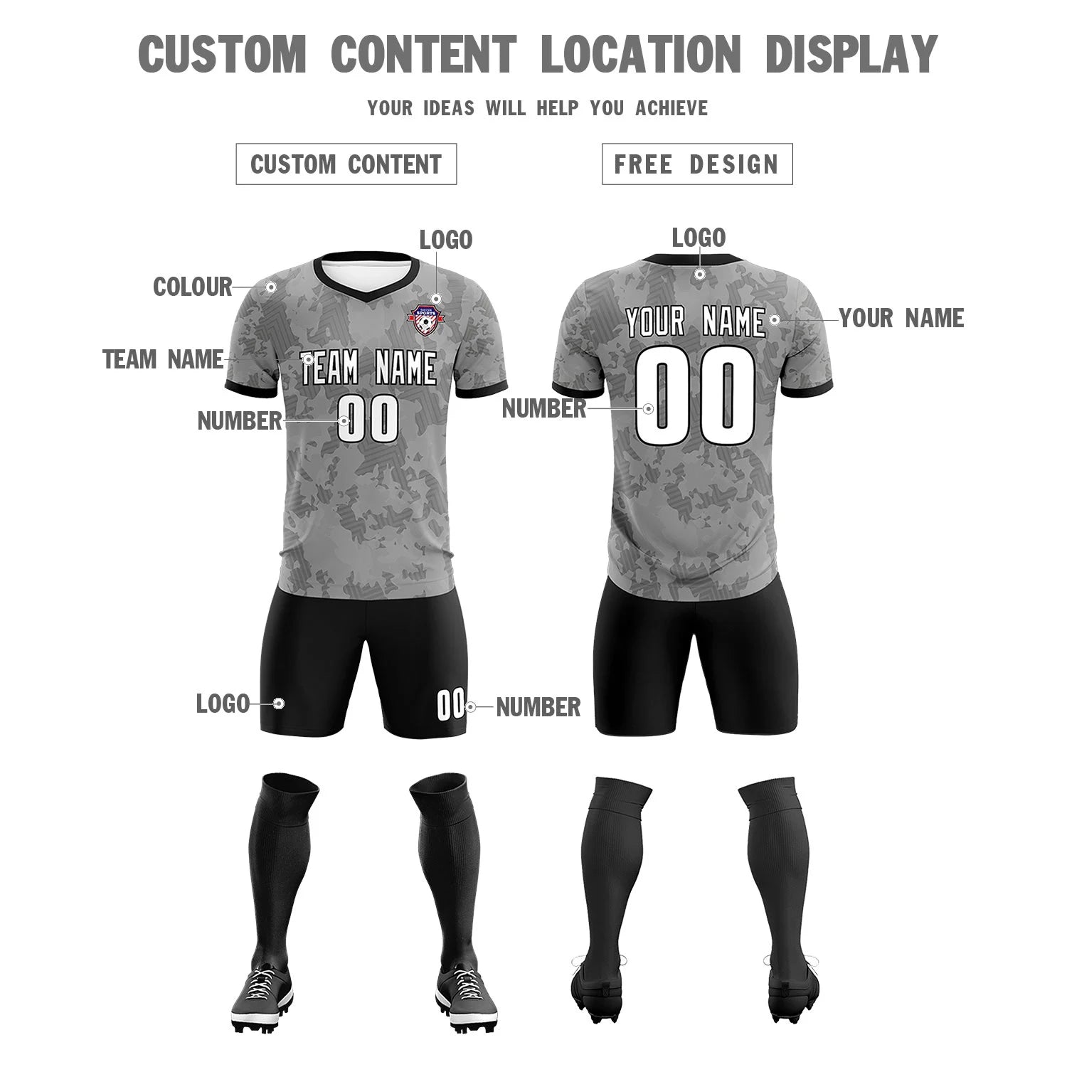 Custom Gray-Black Printing Outdoor Breathable Soccer Sets Jersey