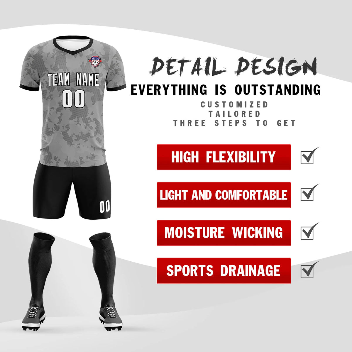 Custom Gray-Black Printing Outdoor Breathable Soccer Sets Jersey
