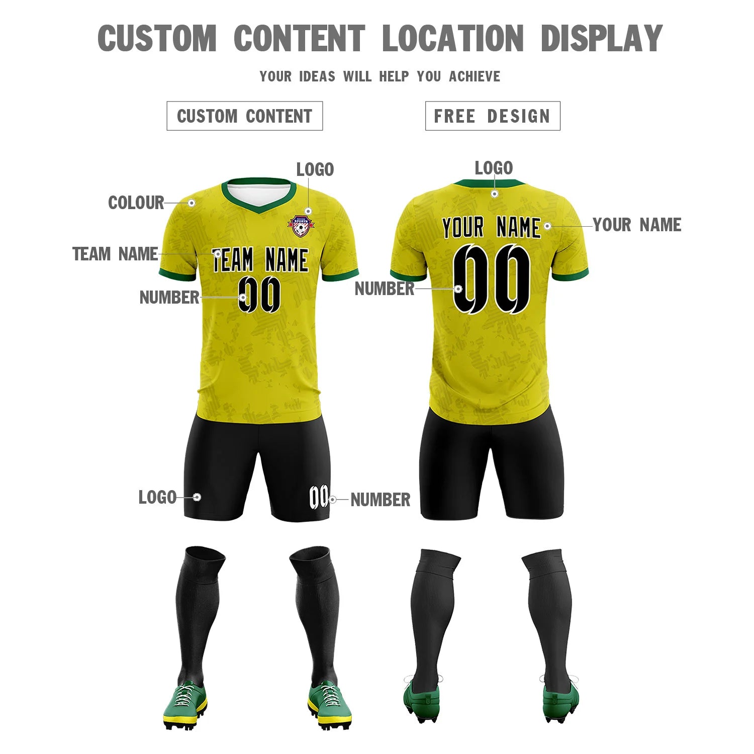 Custom Lemon Yellow-Black Printing Outdoor Breathable Soccer Sets Jersey