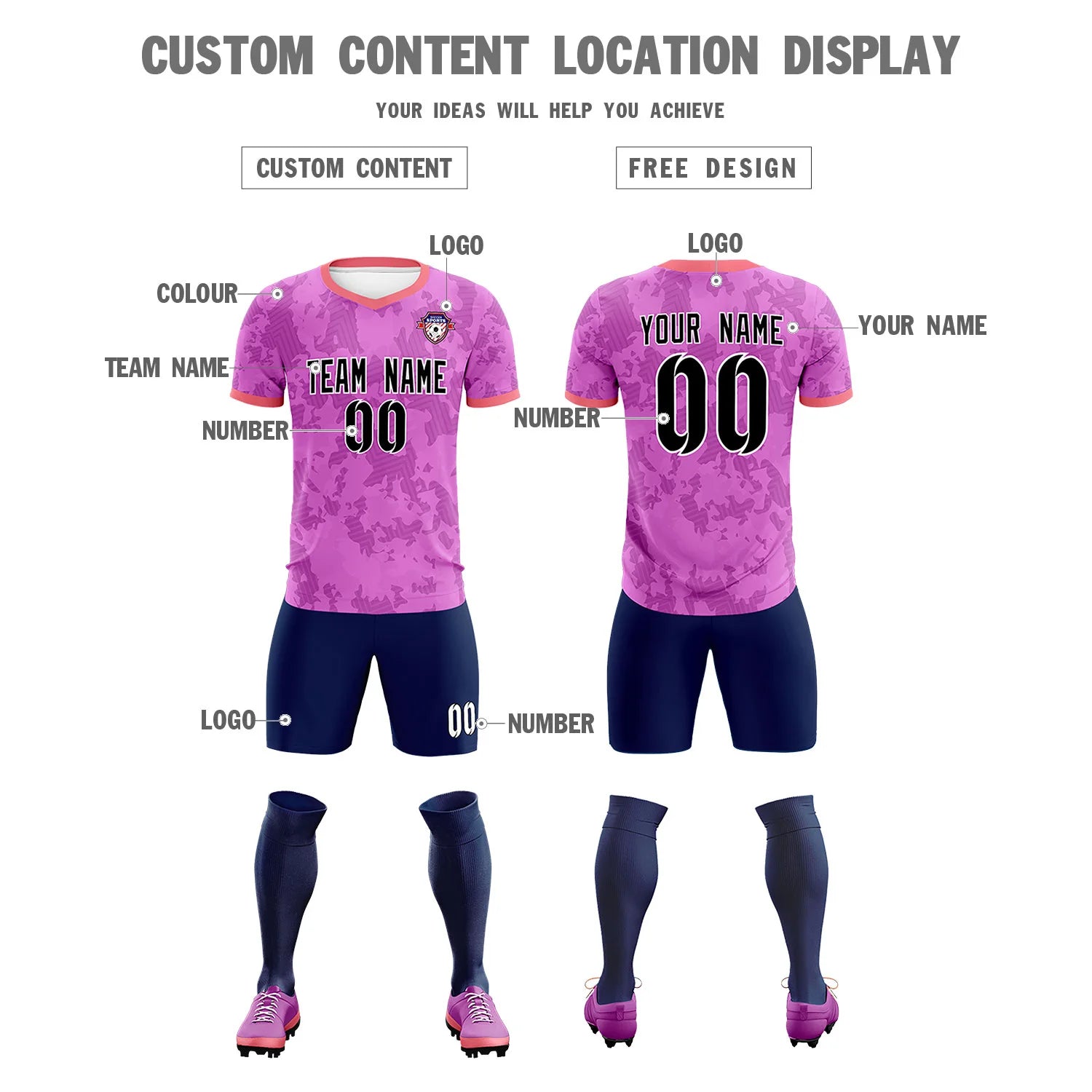 Custom Pink-Navy Printing Outdoor Breathable Soccer Sets Jersey