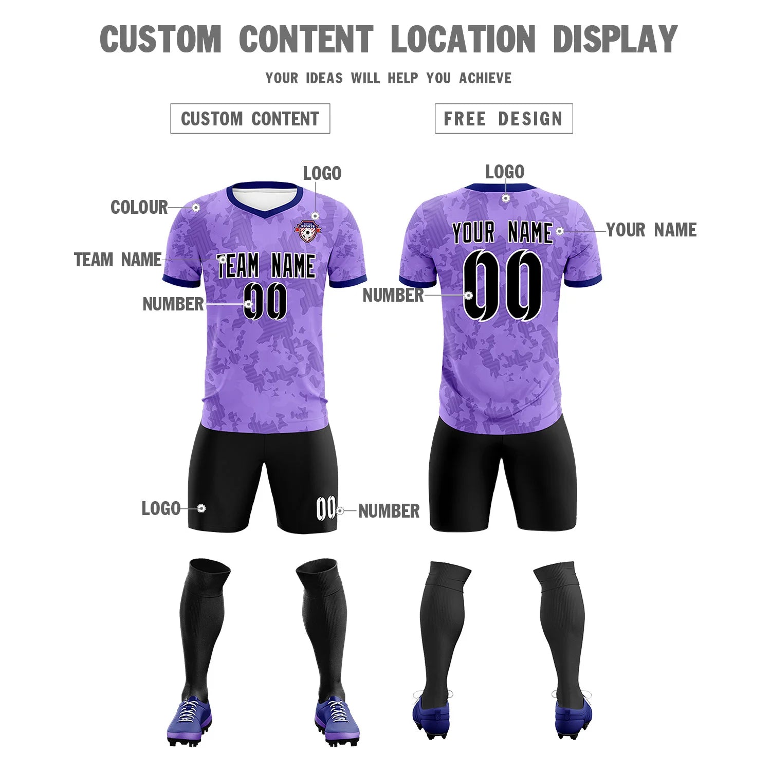 Custom Light Purple-Black Printing Outdoor Breathable Soccer Sets Jersey