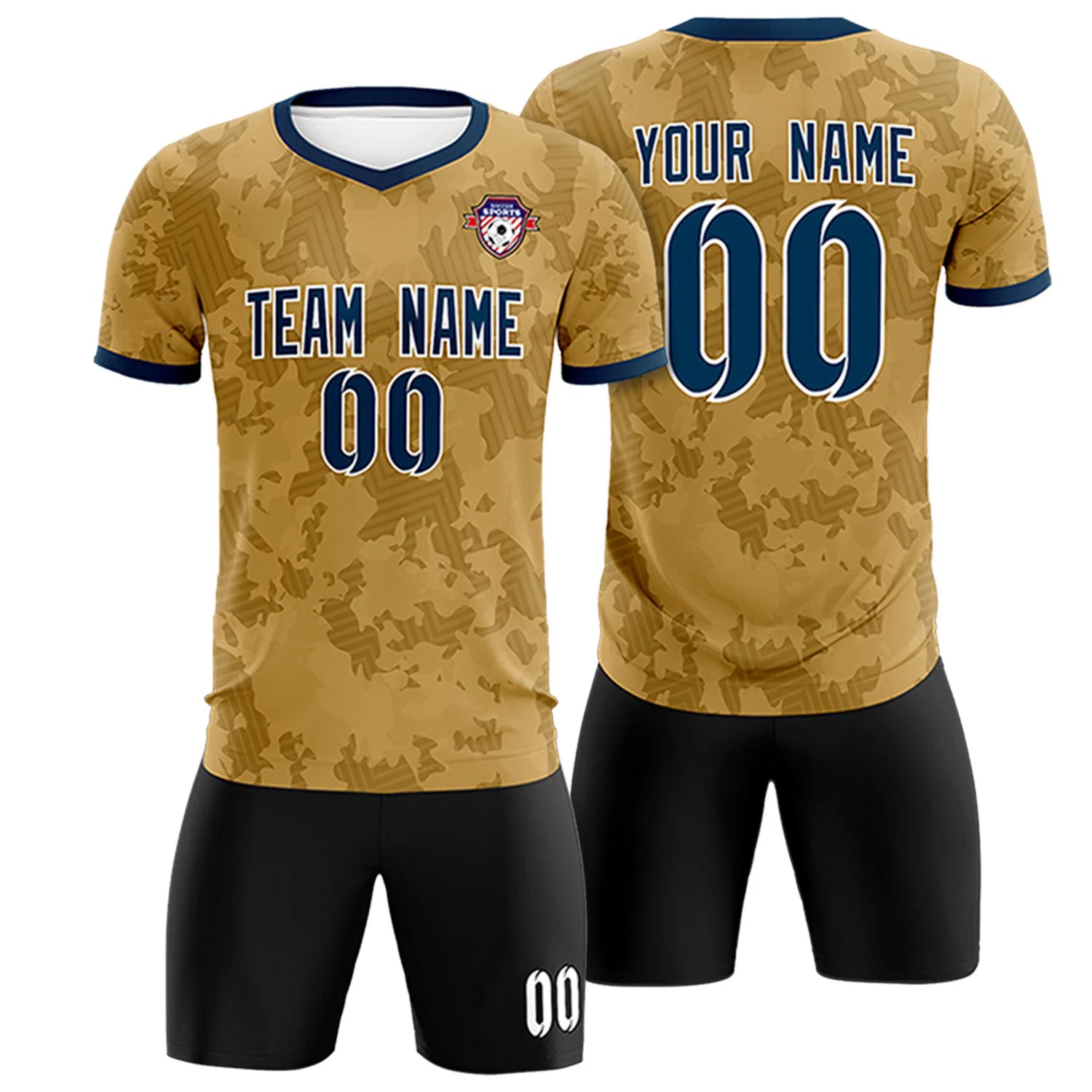 Custom Old Gold-Black Printing Outdoor Breathable Soccer Sets Jersey