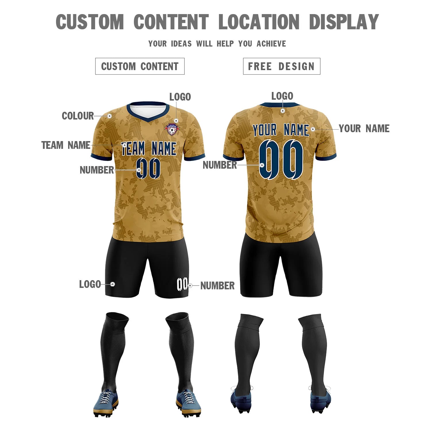 Custom Old Gold-Black Printing Outdoor Breathable Soccer Sets Jersey