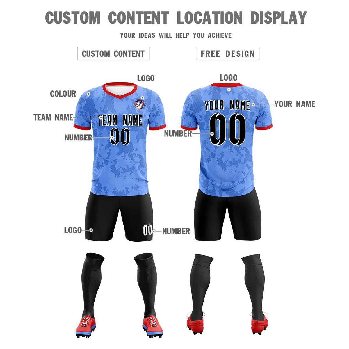 Custom Powder Blue-Black Printing Outdoor Breathable Soccer Sets Jersey