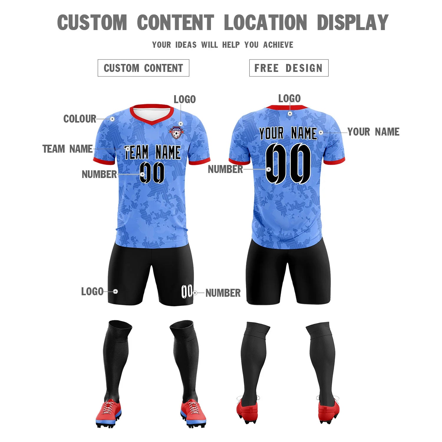 Custom Powder Blue-Black Printing Outdoor Breathable Soccer Sets Jersey