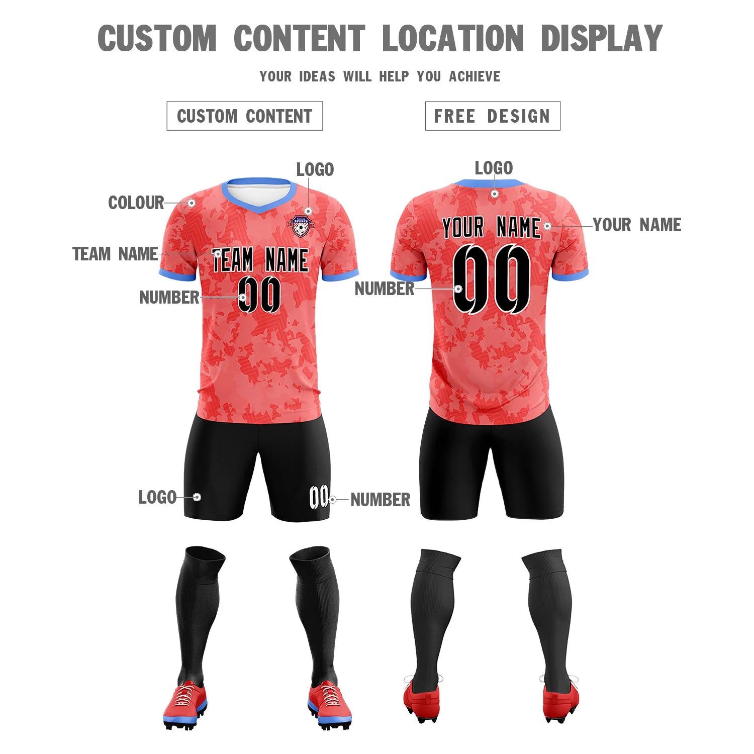 Custom Light Red-Black Printing Outdoor Breathable Soccer Sets Jersey