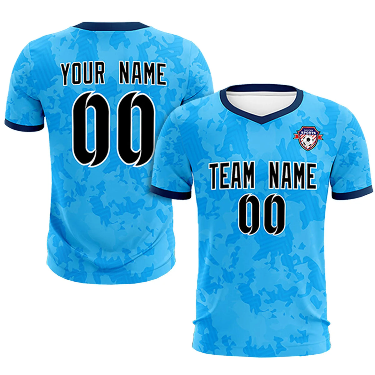 Custom Sky Blue-Black Printing Outdoor Breathable Soccer Sets Jersey