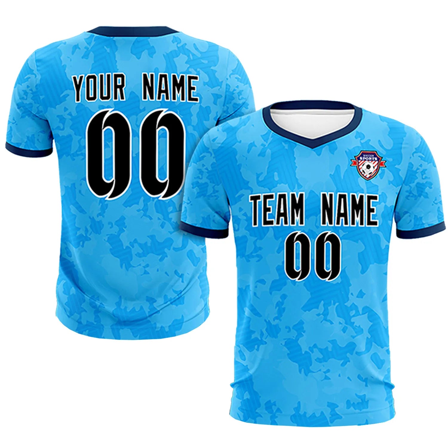 Custom Sky Blue-Black Printing Outdoor Breathable Soccer Sets Jersey