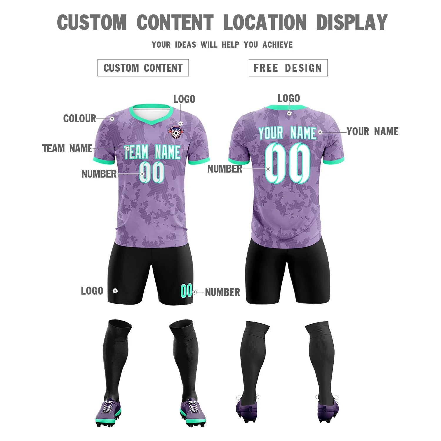 Custom Light Purple-Black Printing Outdoor Breathable Soccer Sets Jersey
