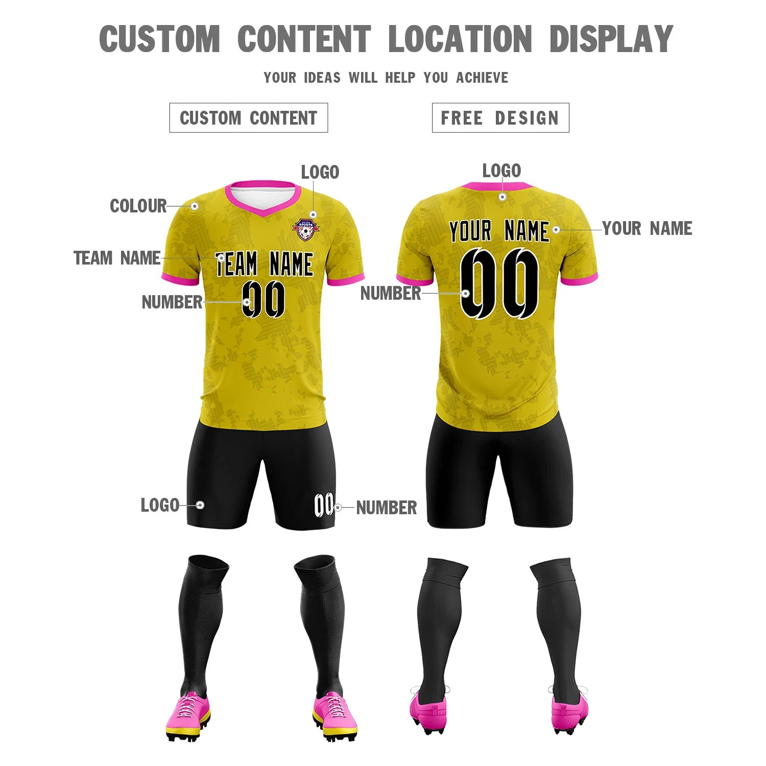 Custom Yellow-Black Printing Outdoor Breathable Soccer Sets Jersey