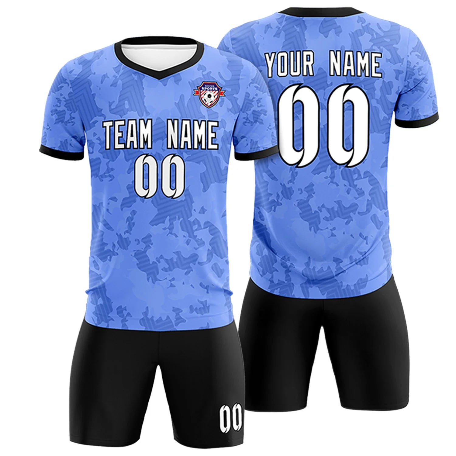 Custom Light Blue-Black Printing Outdoor Breathable Soccer Sets Jersey