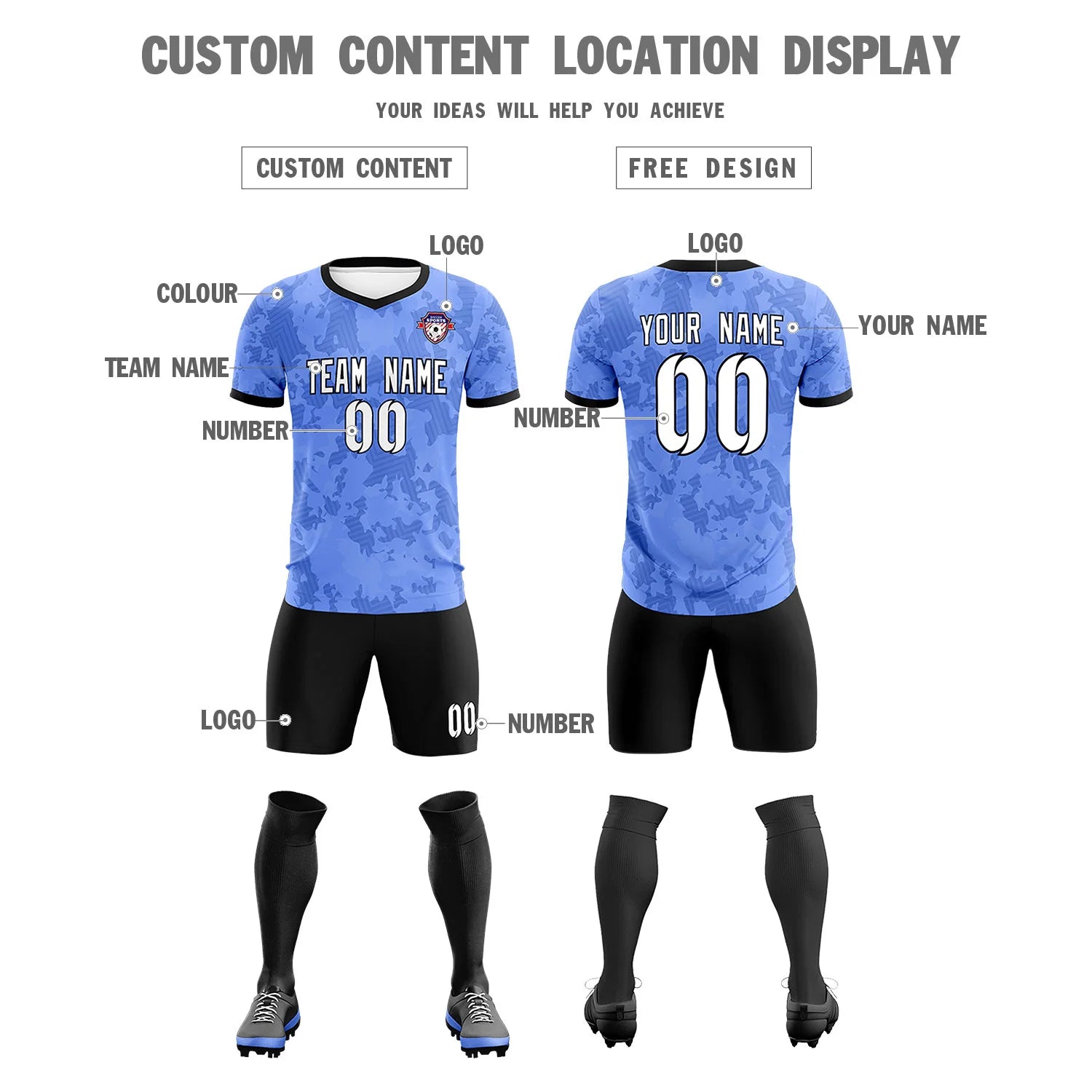 Custom Light Blue-Black Printing Outdoor Breathable Soccer Sets Jersey