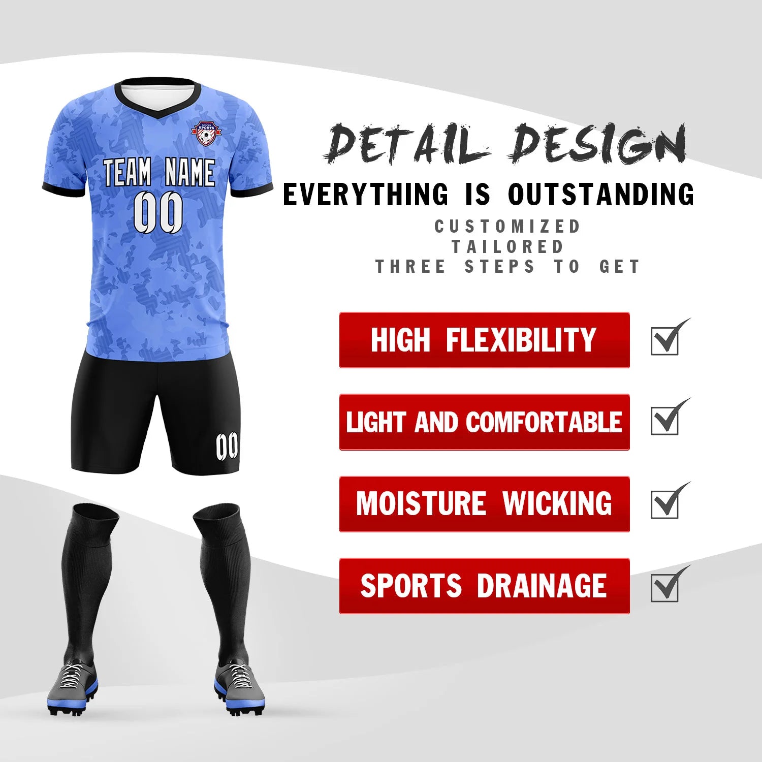 Custom Light Blue-Black Printing Outdoor Breathable Soccer Sets Jersey