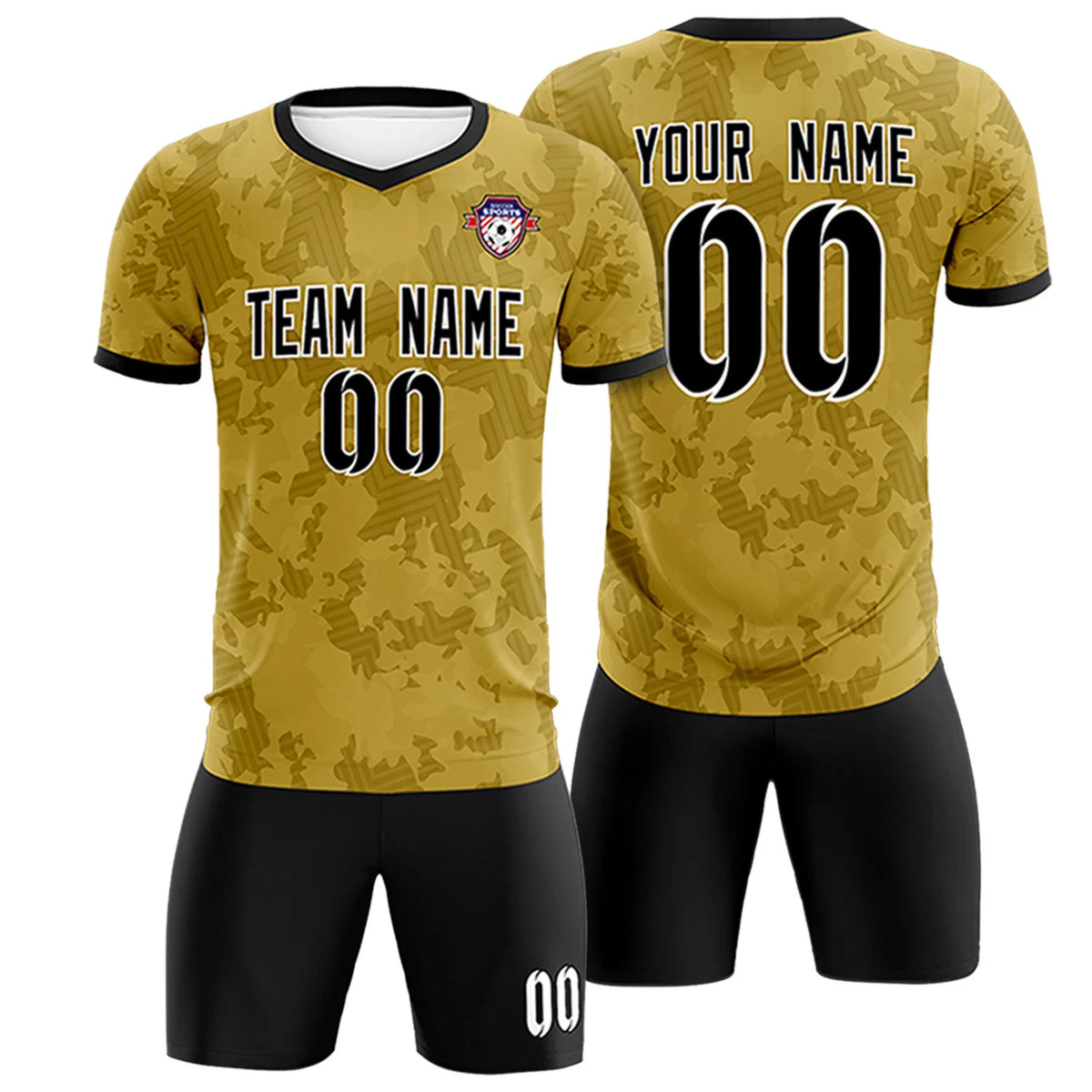 Custom Old Gold-Black Printing Outdoor Breathable Soccer Sets Jersey