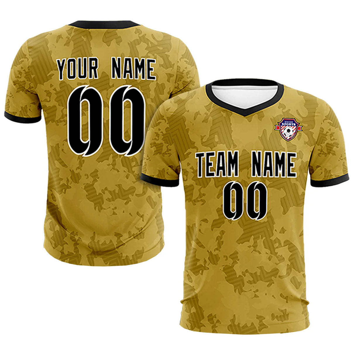 Custom Old Gold-Black Printing Outdoor Breathable Soccer Sets Jersey