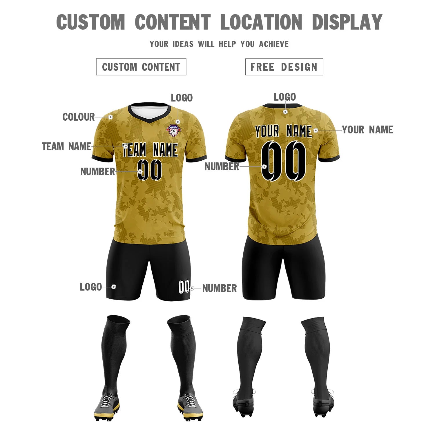 Custom Old Gold-Black Printing Outdoor Breathable Soccer Sets Jersey