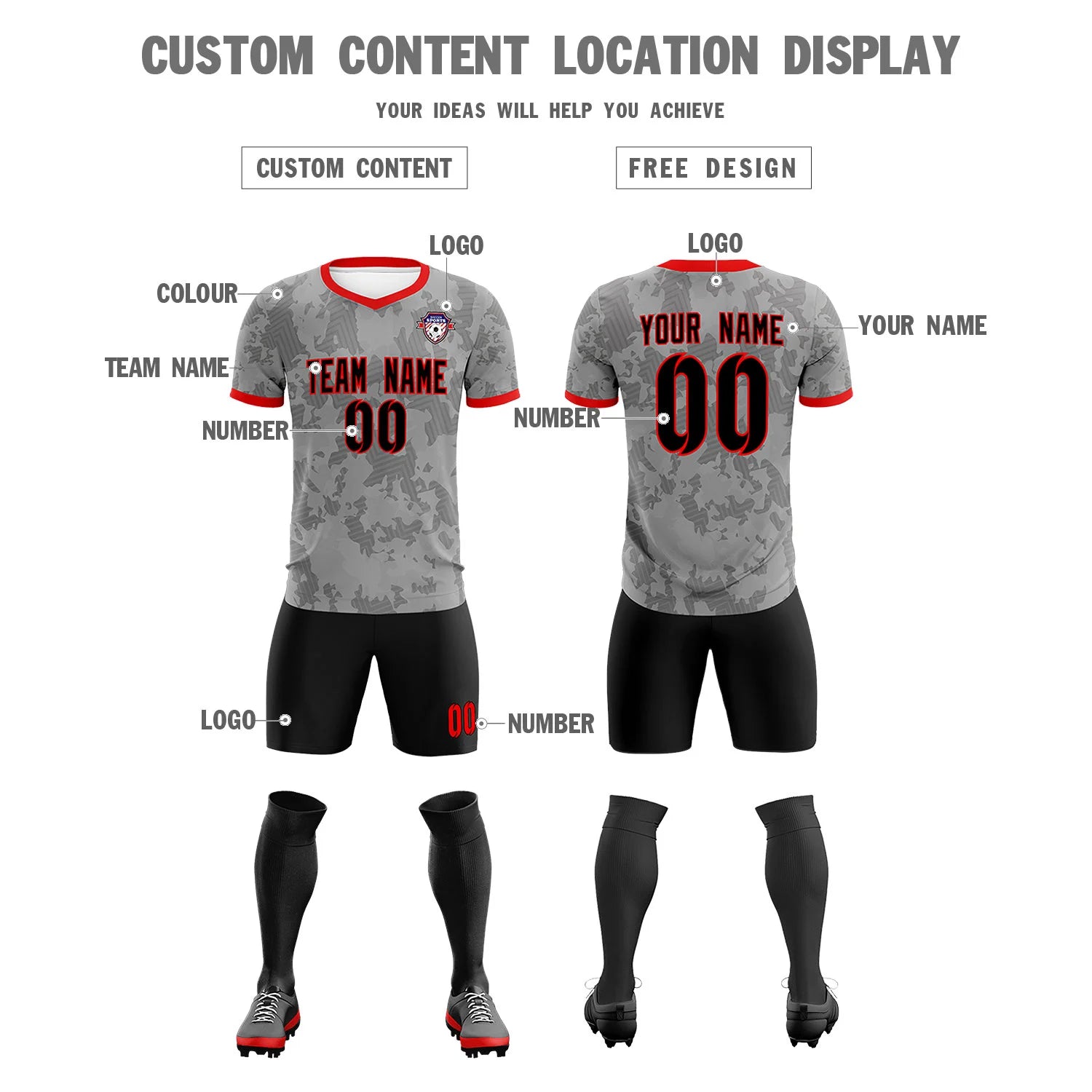 Custom Gray-Black Printing Outdoor Breathable Soccer Sets Jersey