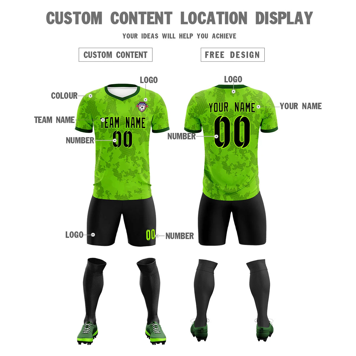 Custom Green-Black Printing Outdoor Breathable Soccer Sets Jersey