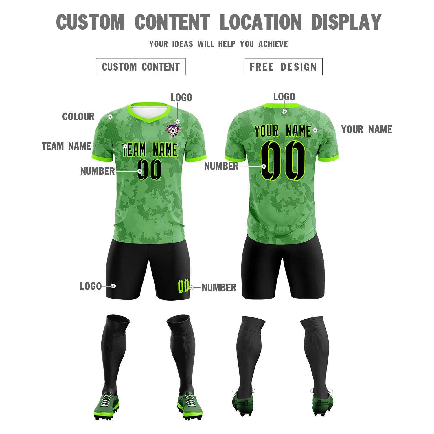 Custom Neon Green-Black Printing Outdoor Breathable Soccer Sets Jersey