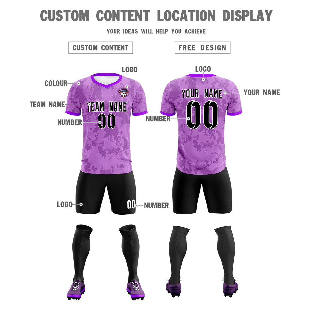 Custom Light Purple-Black Printing Outdoor Breathable Soccer Sets Jersey