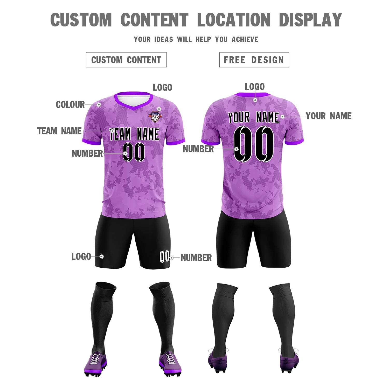 Custom Light Purple-Black Printing Outdoor Breathable Soccer Sets Jersey