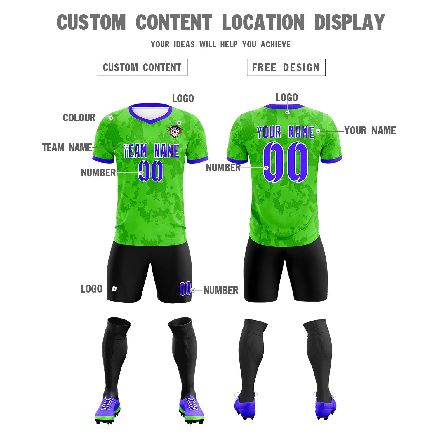 Custom Fluorescent Green-Black Printing Outdoor Breathable Soccer Sets Jersey