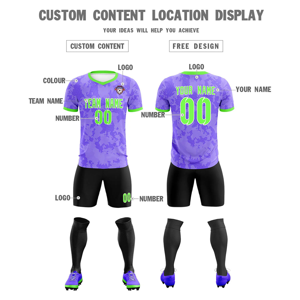 Custom Light Purple-Black Printing Outdoor Breathable Soccer Sets Jersey