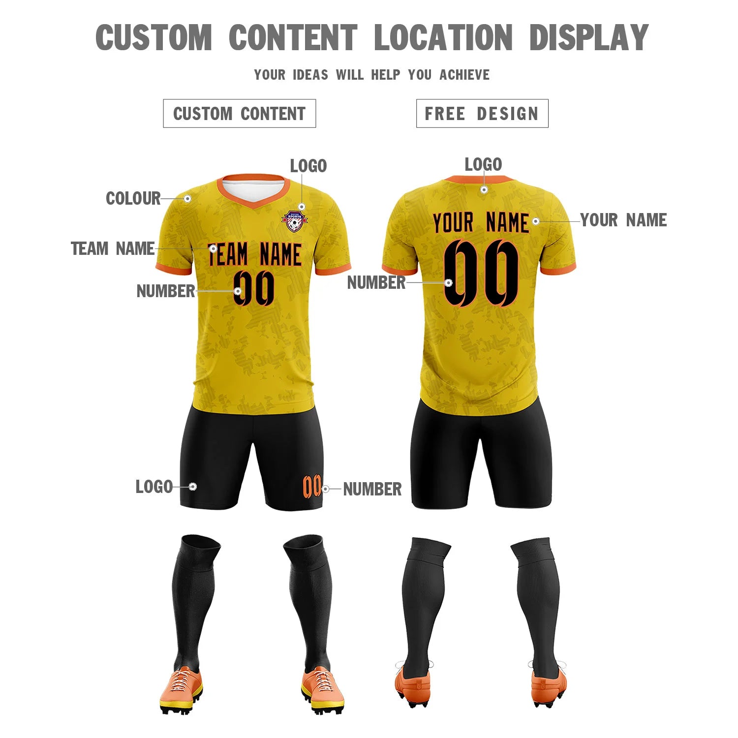 Custom Yellow-Black Printing Outdoor Breathable Soccer Sets Jersey