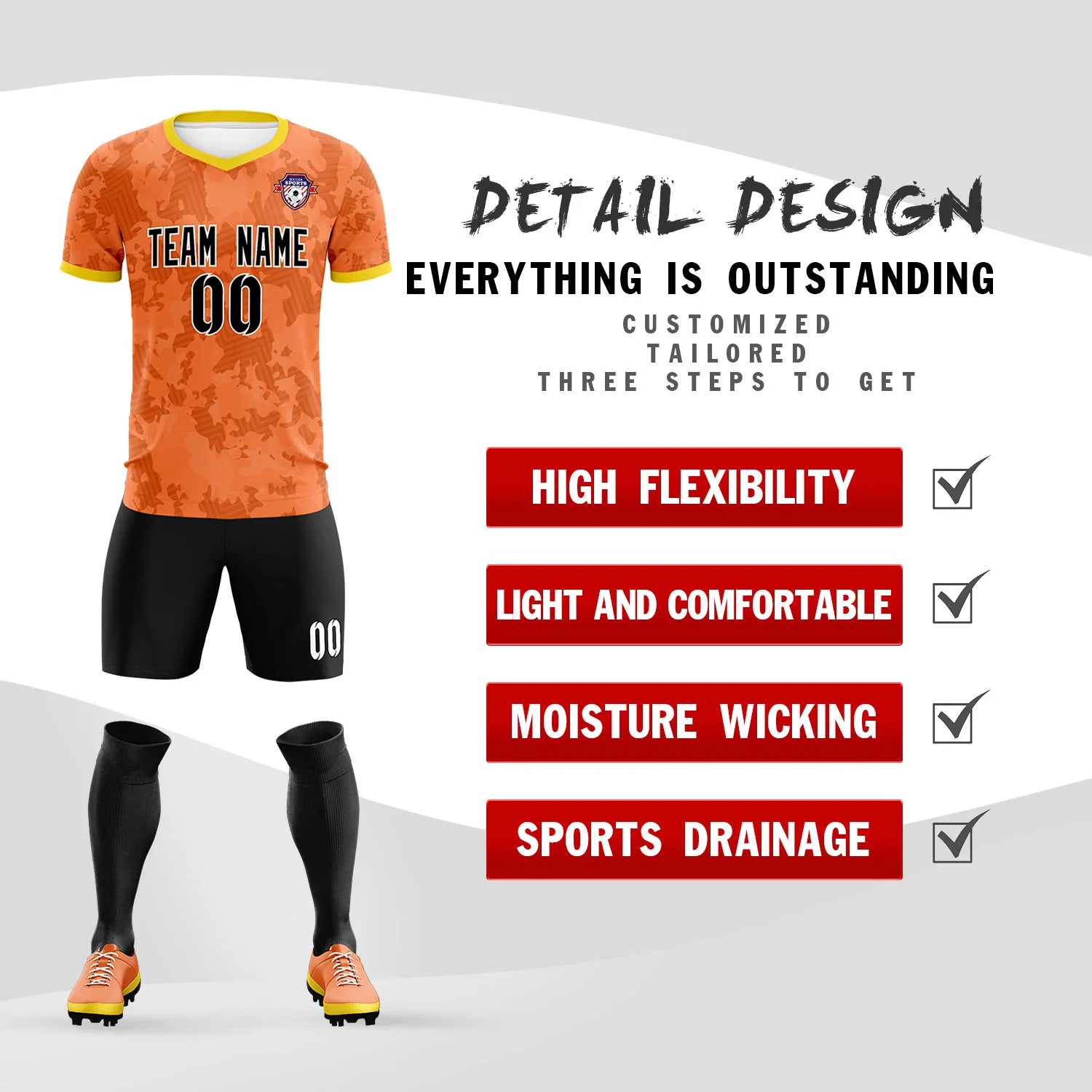 Custom Orange-Black Printing Outdoor Breathable Soccer Sets Jersey