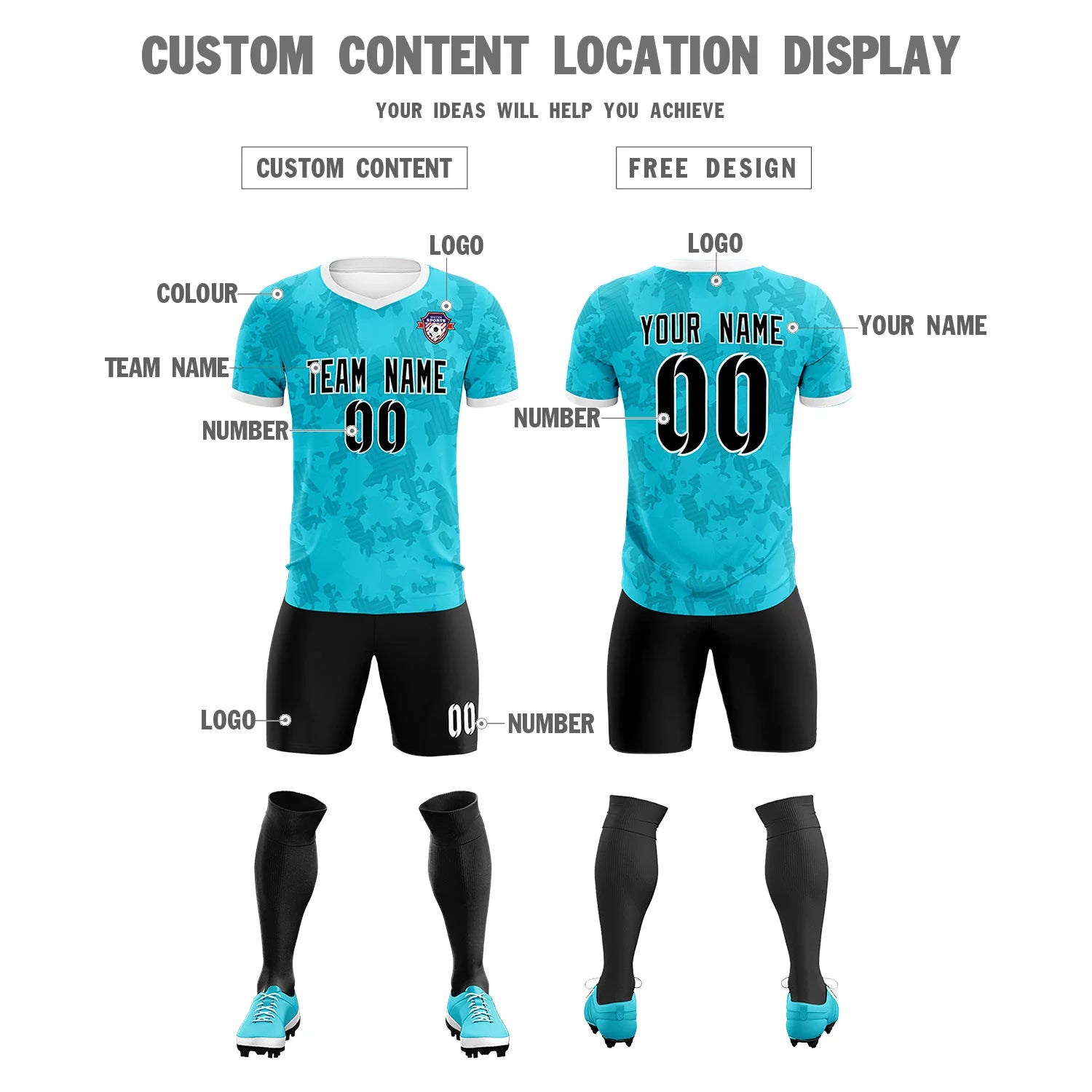 Custom Blue-Black Printing Outdoor Breathable Soccer Sets Jersey