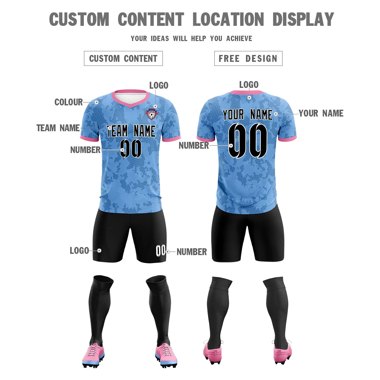 Custom Light Blue-Black Printing Outdoor Breathable Soccer Sets Jersey