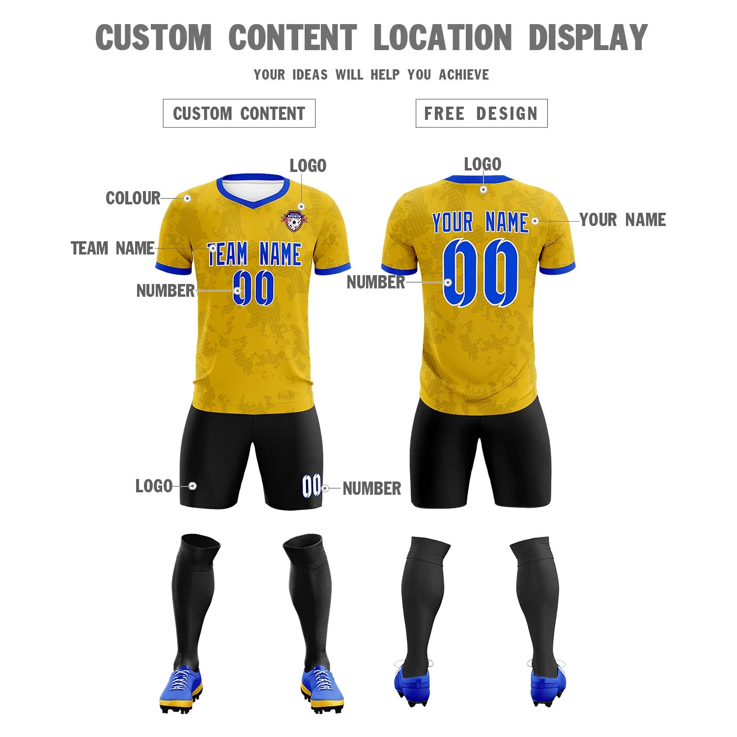 Custom Yellow-Black Printing Outdoor Breathable Soccer Sets Jersey