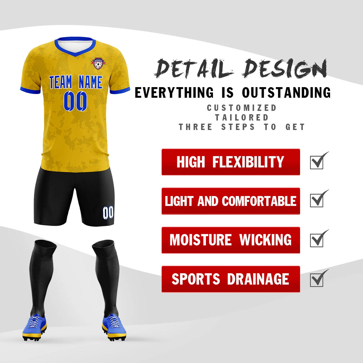 Custom Yellow-Black Printing Outdoor Breathable Soccer Sets Jersey