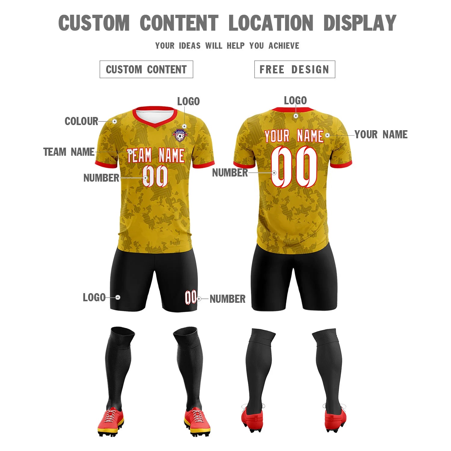 Custom Old Gold-Black Printing Outdoor Breathable Soccer Sets Jersey