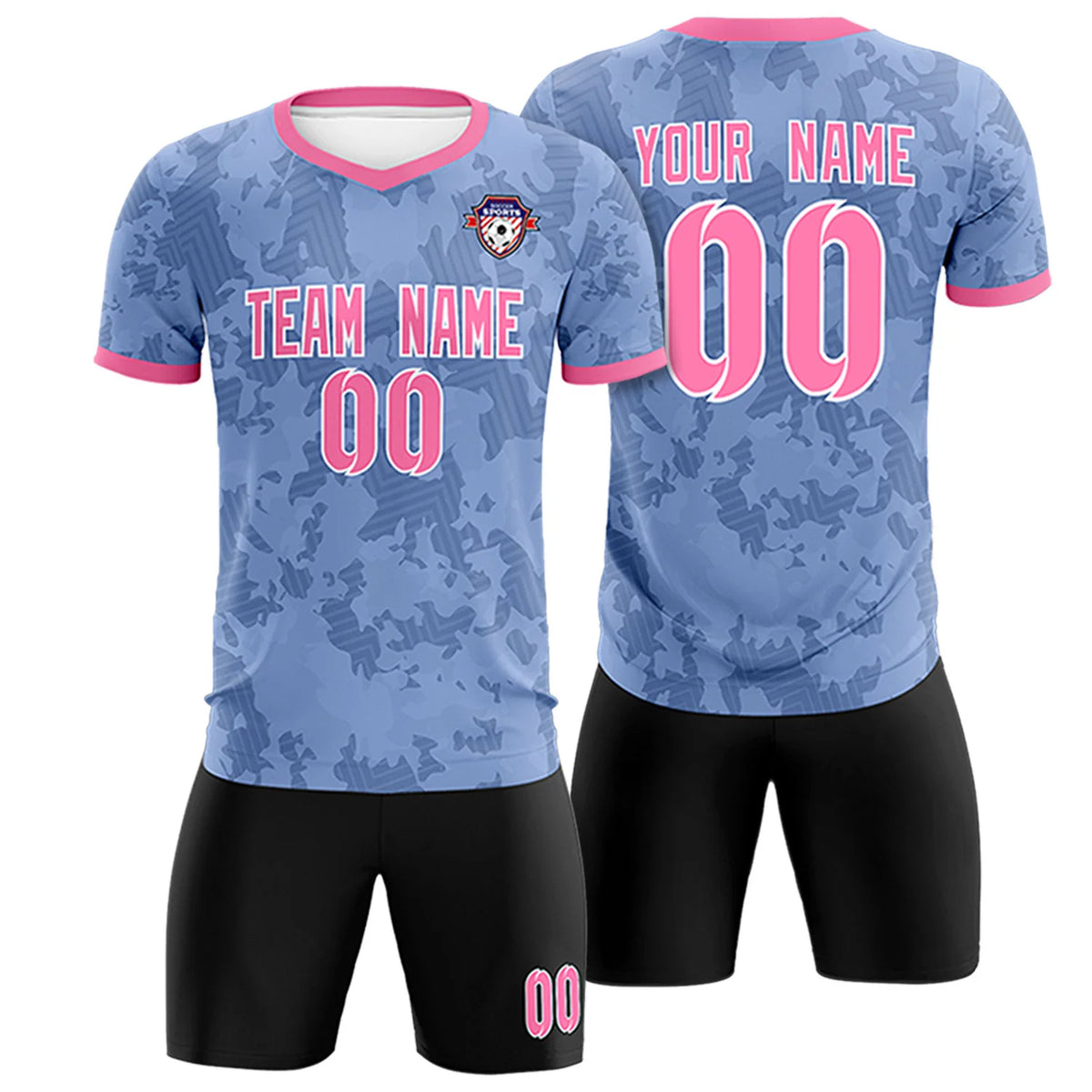 Custom Light Blue-Black Printing Outdoor Breathable Soccer Sets Jersey