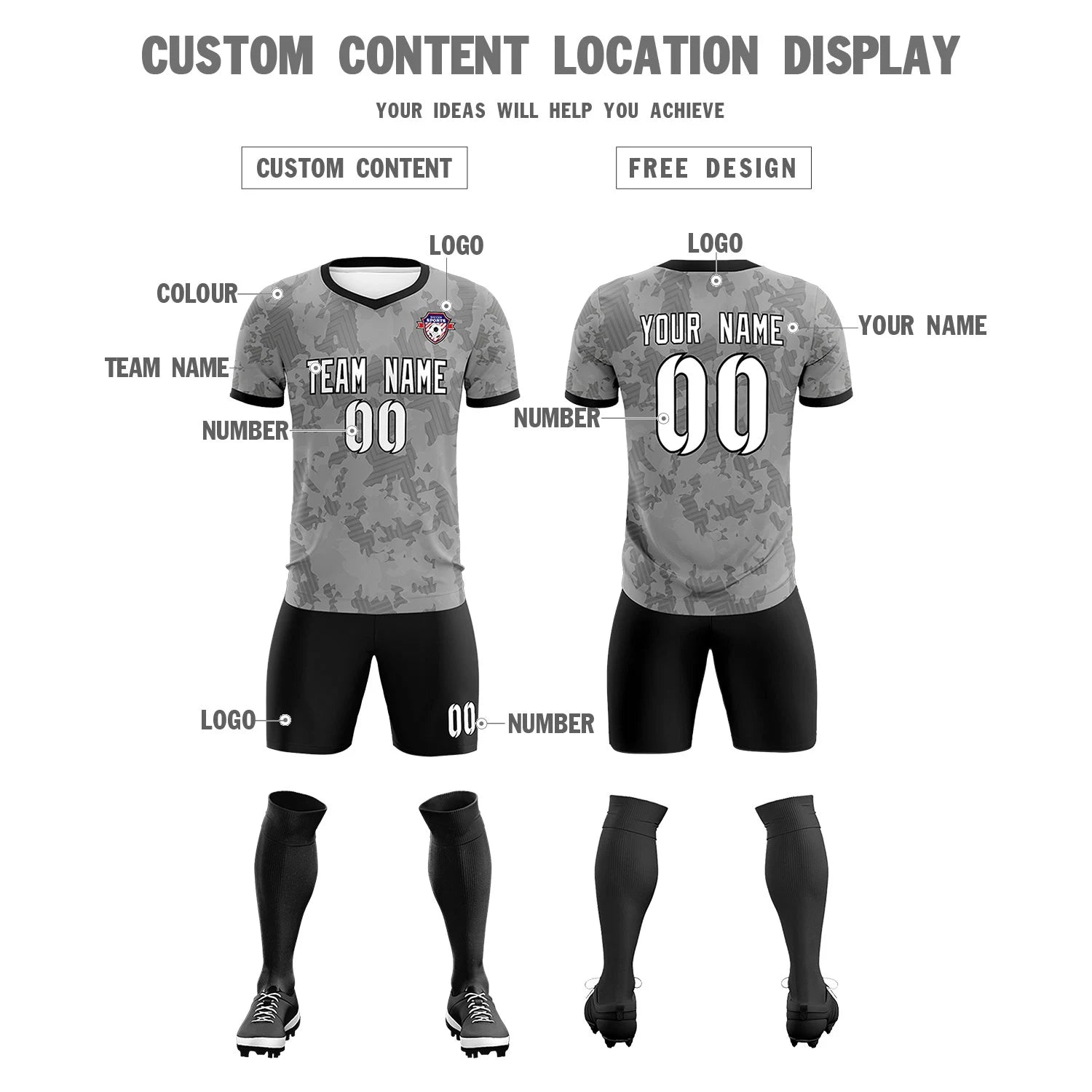 Custom Gray-Black Printing Outdoor Breathable Soccer Sets Jersey
