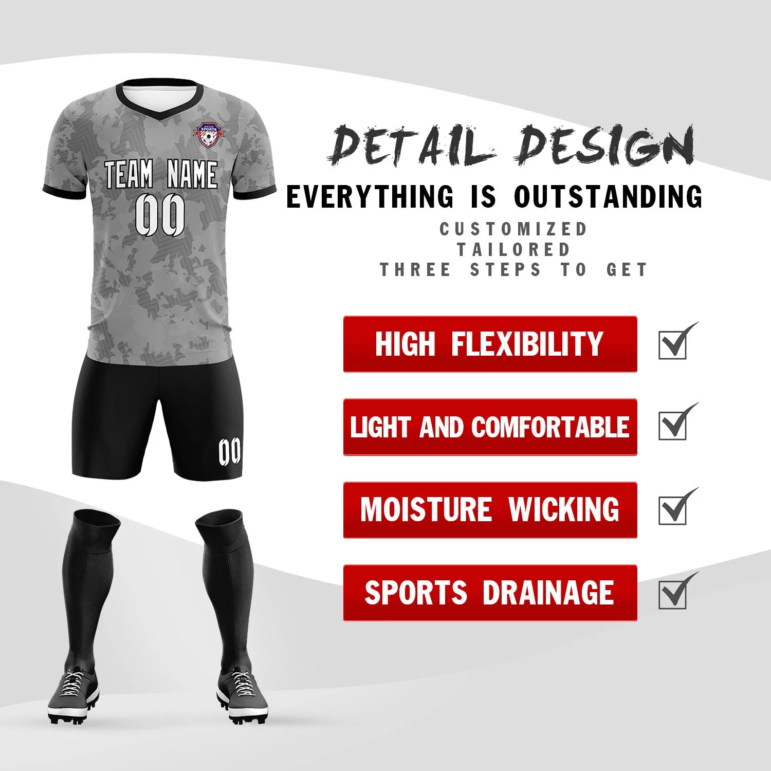 Custom Gray-Black Printing Outdoor Breathable Soccer Sets Jersey