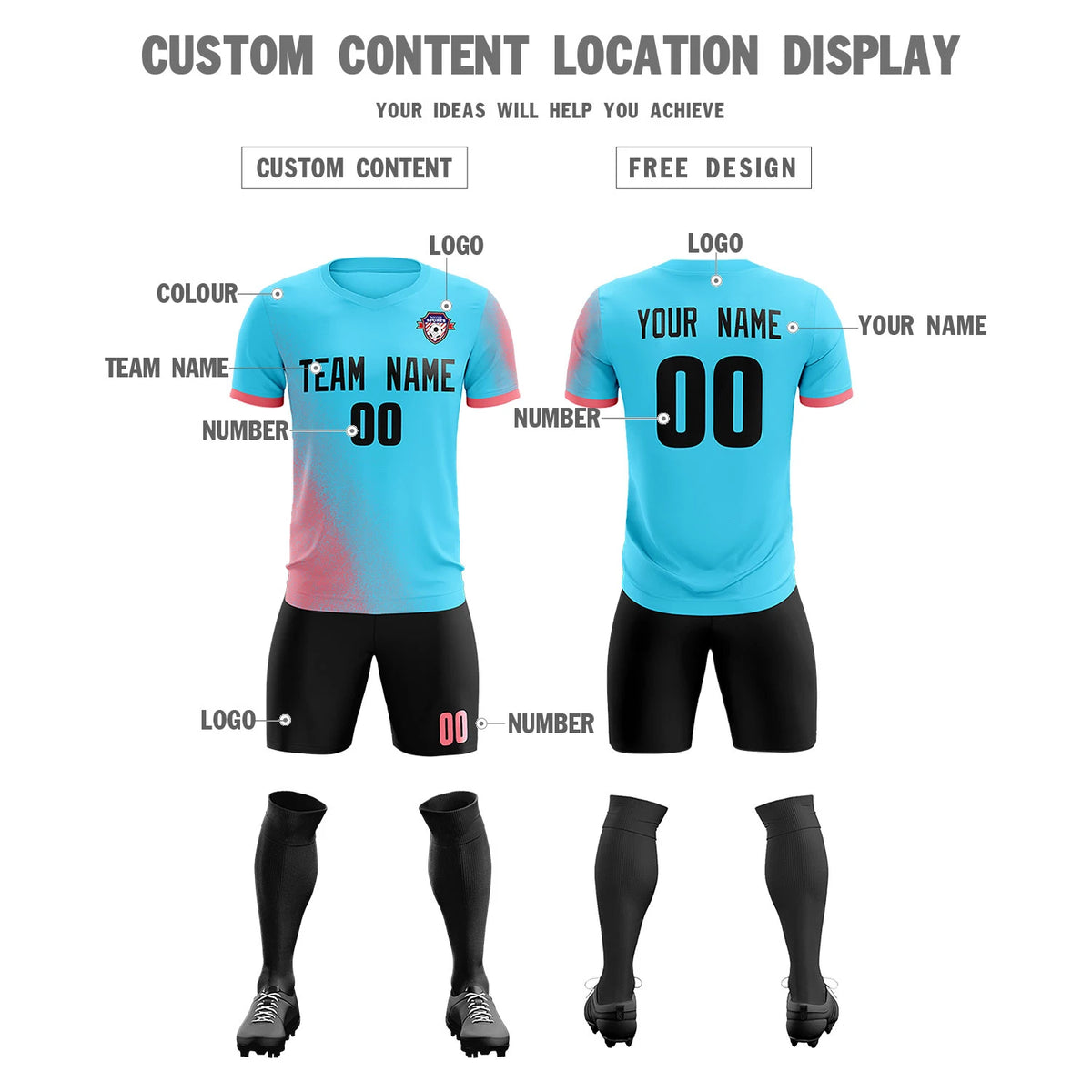 Custom Sky Blue Light Red Outdoor Sport Soccer Sets Jersey