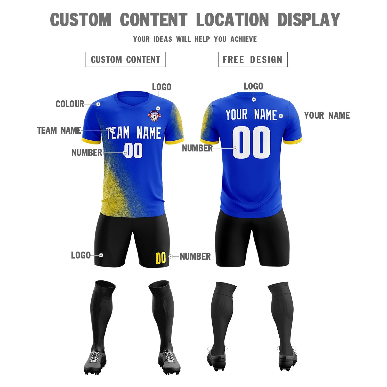 Custom Royal Blue Gold01 Outdoor Sport Soccer Sets Jersey