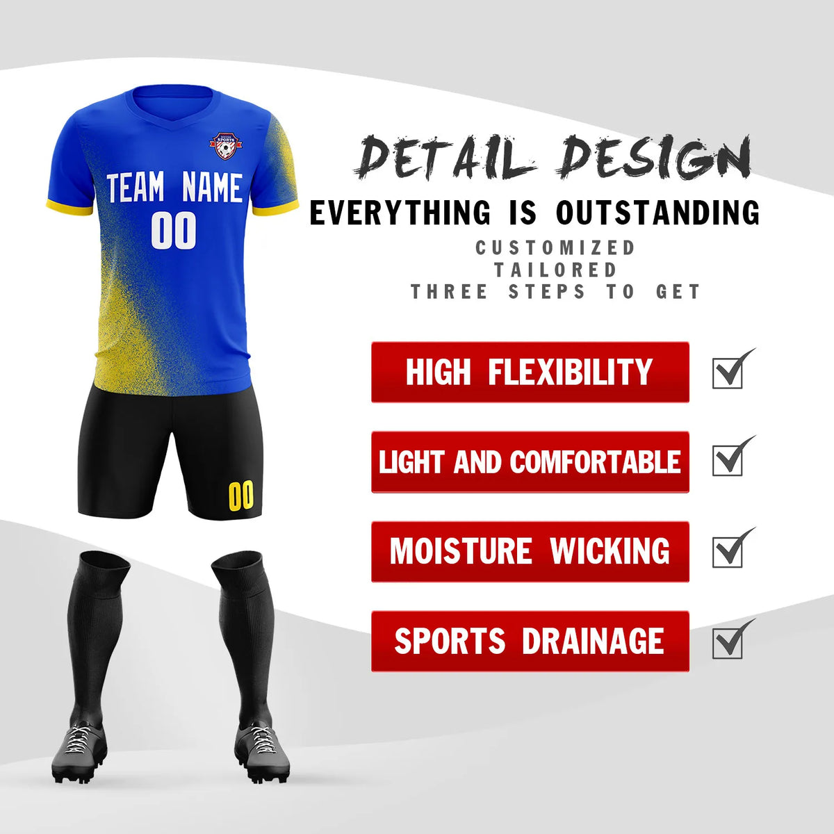 Custom Royal Blue Gold01 Outdoor Sport Soccer Sets Jersey