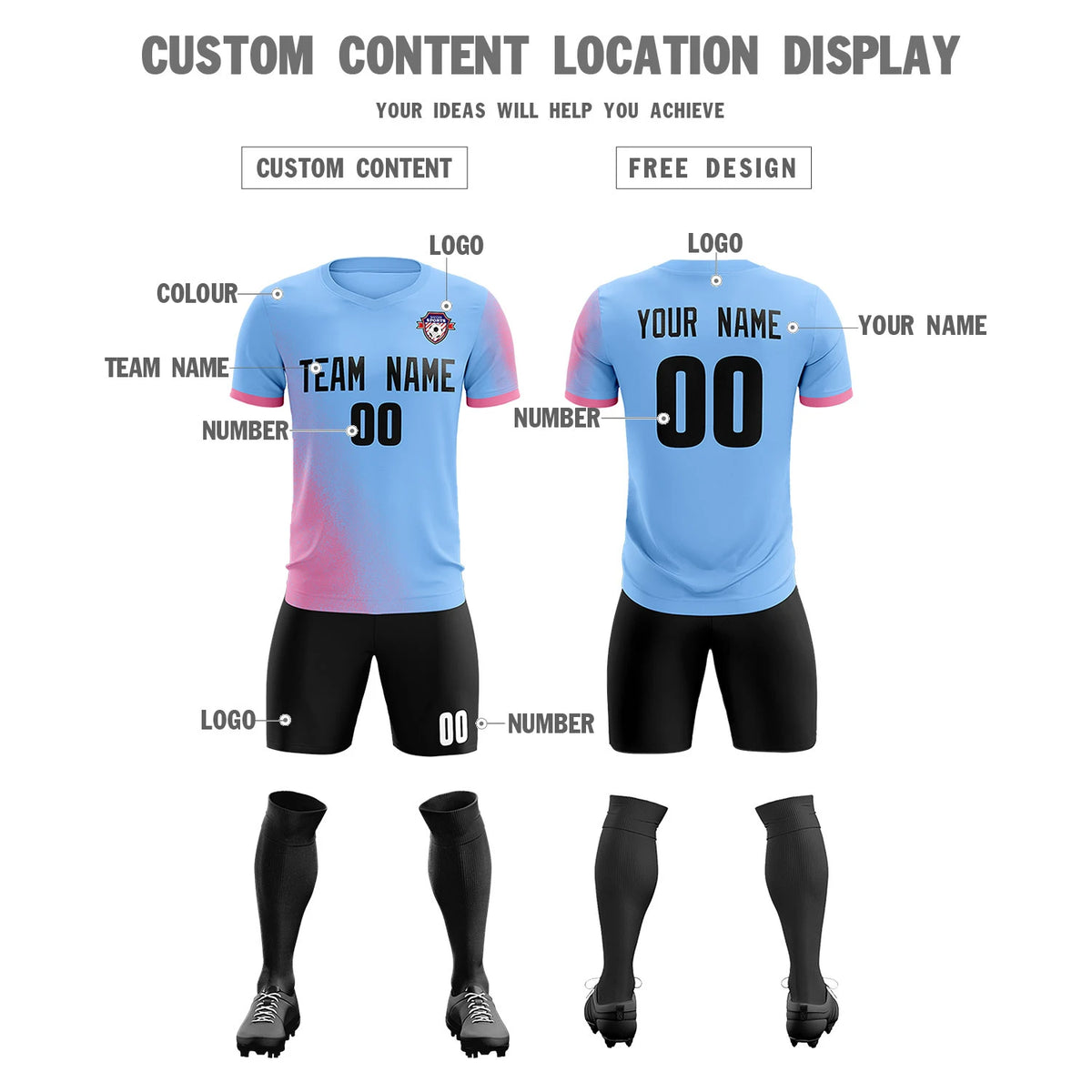 Custom Light Blue Pink Outdoor Sport Soccer Sets Jersey