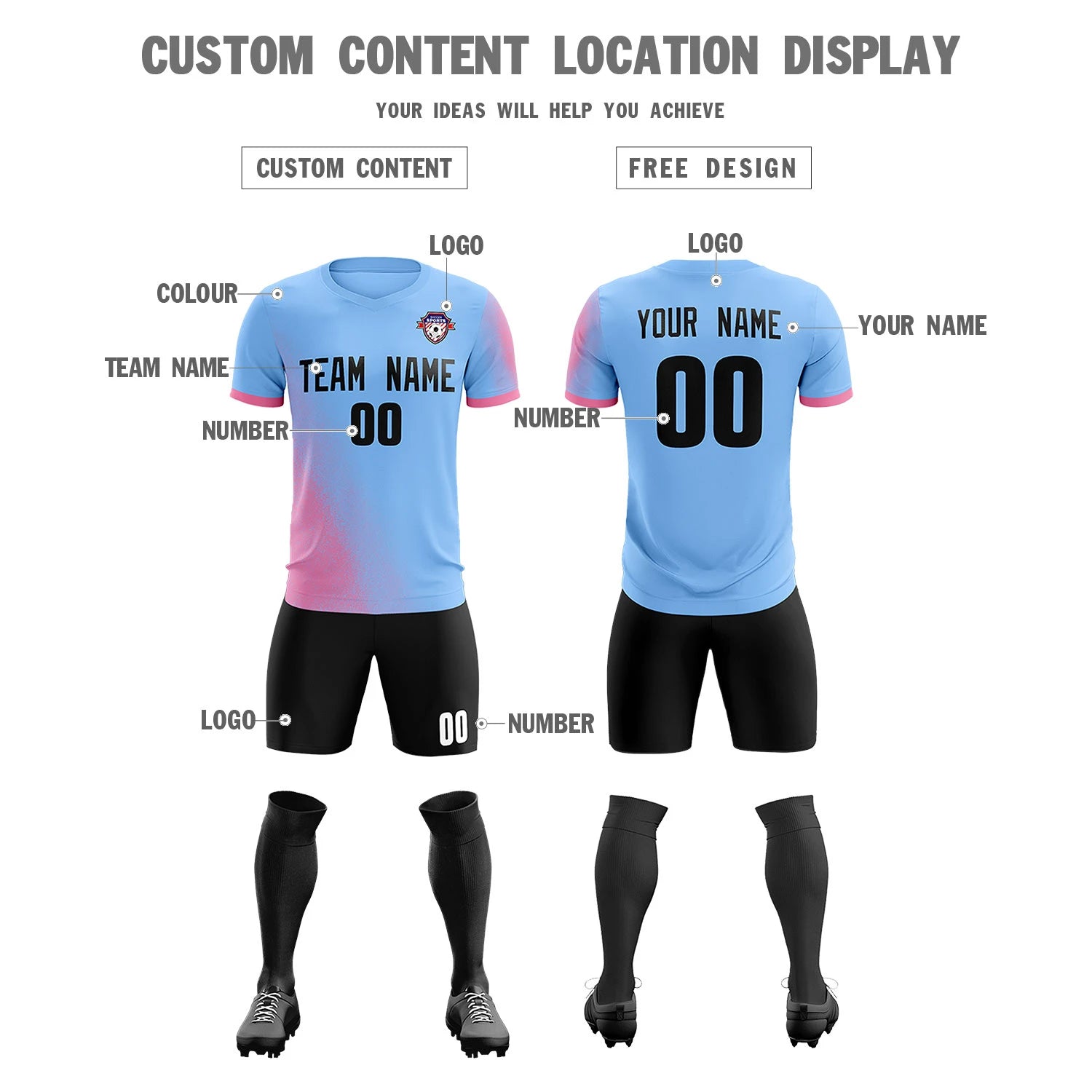 Custom Light Blue Pink Outdoor Sport Soccer Sets Jersey