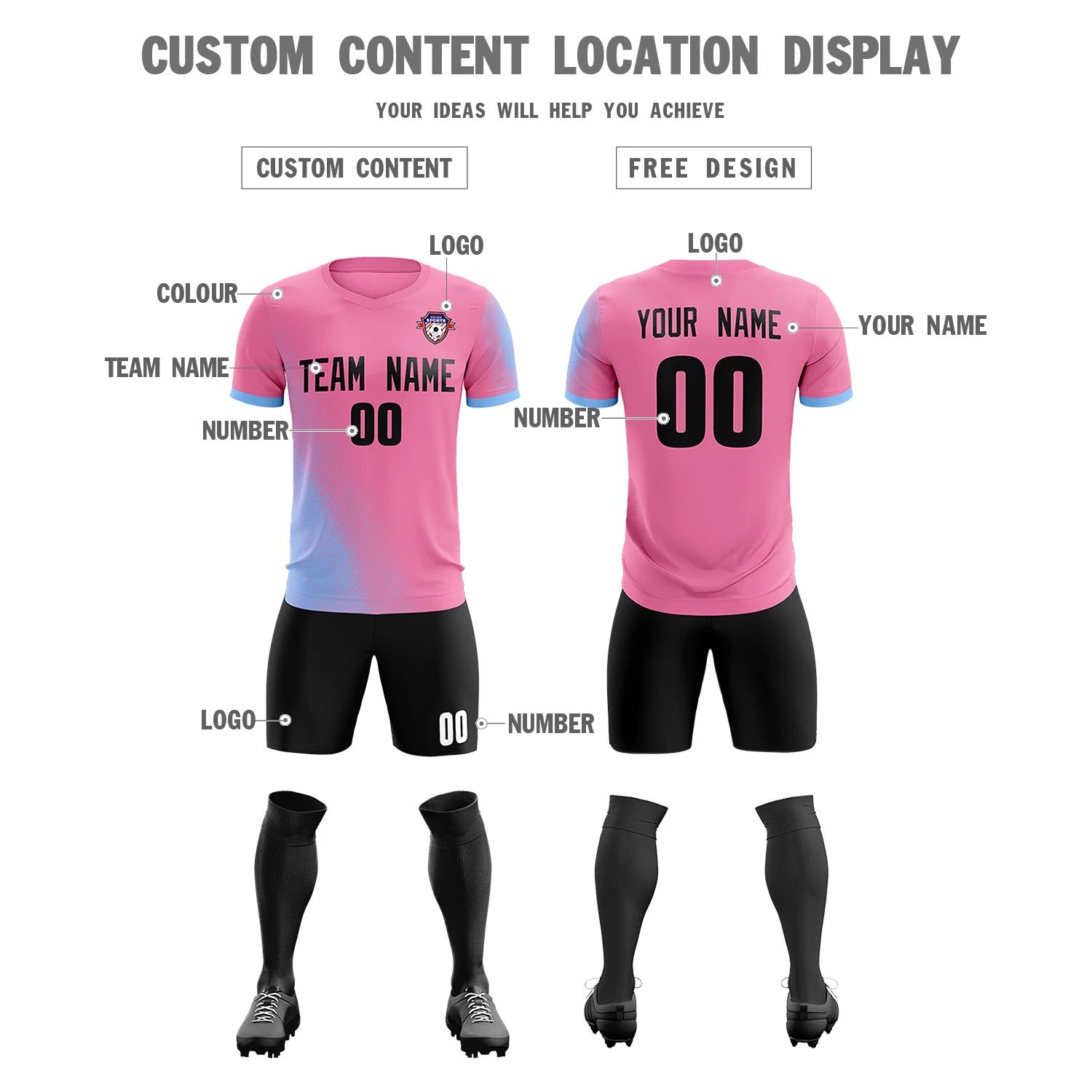 Custom Pink Light Blue Outdoor Sport Soccer Sets Jersey